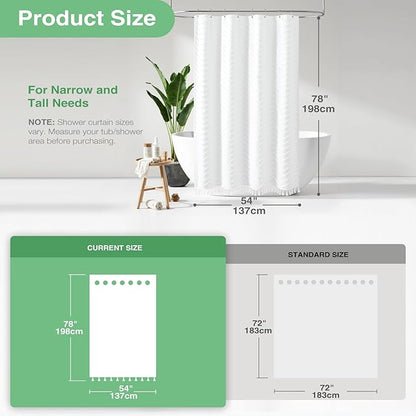Dynamene Stall Fabric Shower Curtain, 54x78 Inch Boho Tufted Chevron Striped Shower Curtains for Bathroom, Minimalist Heavy Duty Cloth Shower Curtain Set with 10 Hooks, Machine Washable, White
