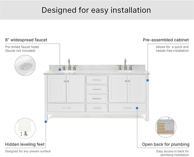 ARIEL Cambridge 72-inch Bathroom Vanity with Sink,Solid Wood, 0.75-inch Italian Carrara Marble Countertop & Backsplash, Double Oval Porcelain Sink, 4 Soft Closing Doors, 6 Dovetail Drawers, White