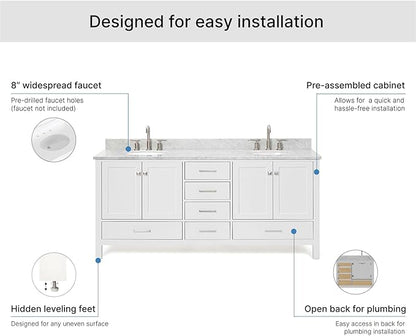 ARIEL Cambridge 72-inch Bathroom Vanity with Sink,Solid Wood, 0.75-inch Italian Carrara Marble Countertop & Backsplash, Double Oval Porcelain Sink, 4 Soft Closing Doors, 6 Dovetail Drawers, White