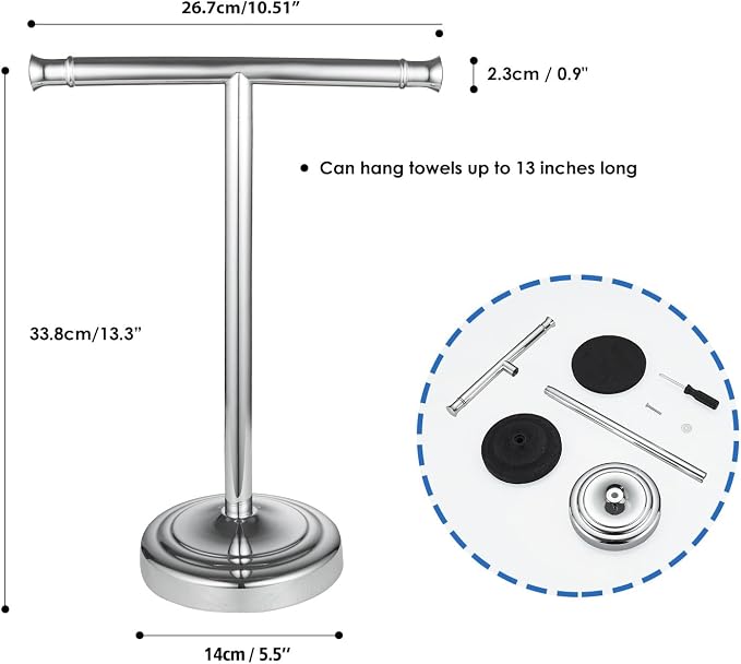 RUMOSE Polished Chrome Hand Towel Holder Stand Countertop Towel Rack | 13 Inch Bathroom Kitchen Vanity T-Shape Towel Stand Free Standing Stainless Steel Towel Bar Towel Ring