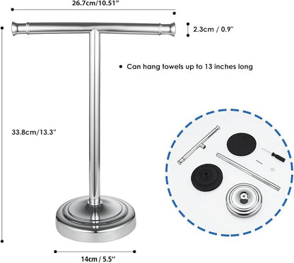 RUMOSE Polished Chrome Hand Towel Holder Stand Countertop Towel Rack | 13 Inch Bathroom Kitchen Vanity T-Shape Towel Stand Free Standing Stainless Steel Towel Bar Towel Ring