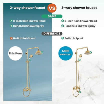 gotonovo Polish Gold Exposed Bathroom Shower Faucet 8 Inch Rainfall Shower Head System Handheld Spray Bathroom Wall Mount Shower Fixture Set