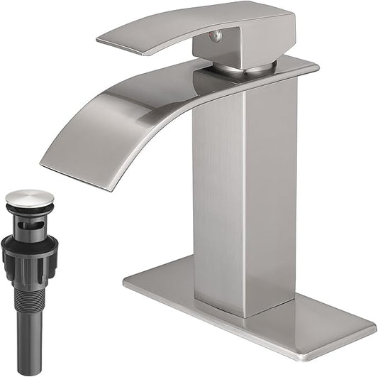 VOTON Waterfall Bathroom Faucets Brushed Nickel Modern Single Handle Sink Faucet for 1 or 3 Holes with Deck Plate and Pop-Up Drain, Rv Sink Camper Farmhouse Faucet
