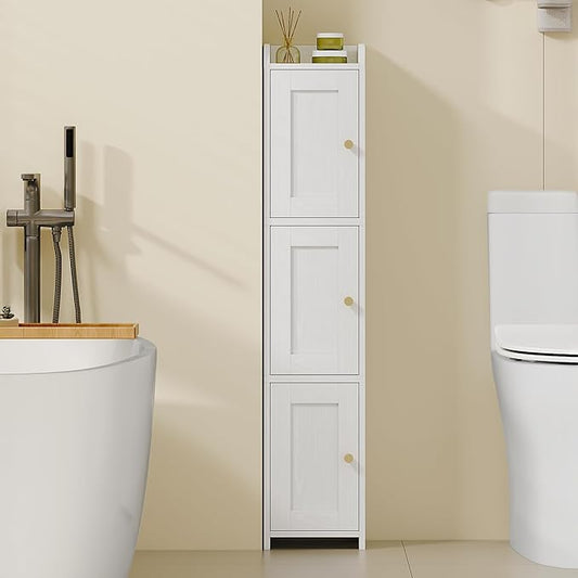 Slim Bathroom Storage Cabinet, Narrow Cabinet with 3 Doors, Small Bathroom Organizers and Storage, Laundry Room Organization for Small Space, Kitchen, Living Room, White 022313X