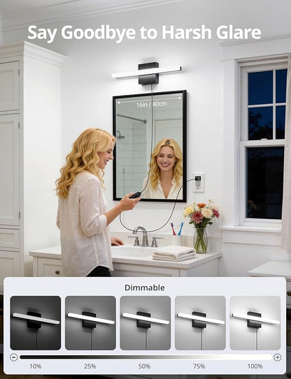 Combuh Black Plug in Vanity Light Bar Corded for Bathroom Lighting Fixture No Wiring, 16Inch 5 Colors Adjustable Dimmable Modern Bright Daylight Mirror Lamp for Wall Dressing Room Makeup(with Plug)