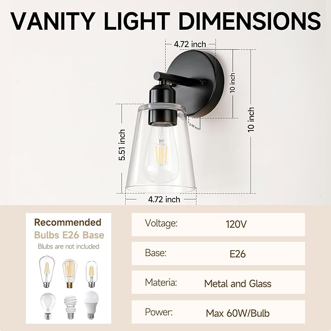 TALOYA 4 Inch Brushed Black Bathroom Light Fixtures with Thickend Clear Tapered Glass Shade, Set of 2 Modern Vanity Light Over Mirror for Bathrooms, Bedrooms (Bulbs Not Included)