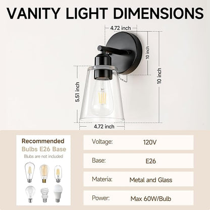 TALOYA 4 Inch Brushed Black Bathroom Light Fixtures with Thickend Clear Tapered Glass Shade, Set of 2 Modern Vanity Light Over Mirror for Bathrooms, Bedrooms (Bulbs Not Included)