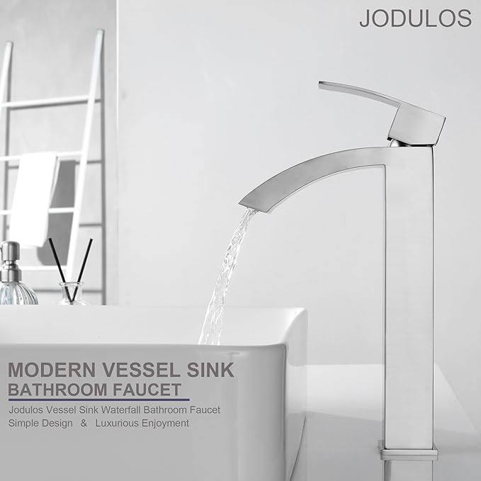 Vessel Sink Faucet Brushed Nickel, Single Handle Waterfall Tall Bathroom Sink Faucet Single Hole with cUPC Supply Hose and Pop Up Drain JU-BS101-BN