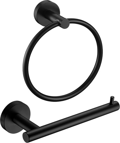 Matte Black Toilet Paper Holder and Hand Towel Holder, 2 Pieces Bathroom Hardware Accessories Set, SUS304 Stainless Steel Sturdy Wall Mount Toilet Paper Roll Holder and Towel Rack, Black