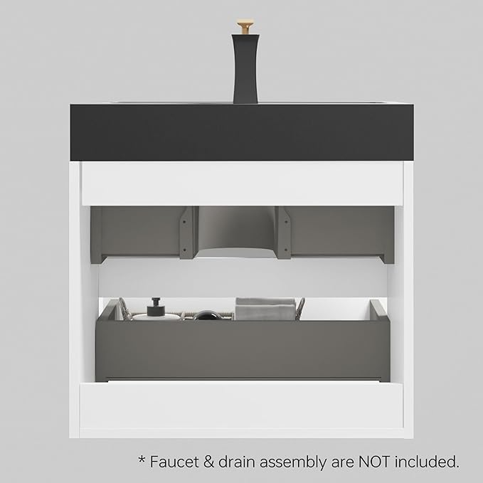 24" Floating Bathroom Vanity with Black Sink, Modern Bathroom Cabinet with Top and Soft Close Drawers, Spacious Storage for Small Space, White - Lavanda Collection