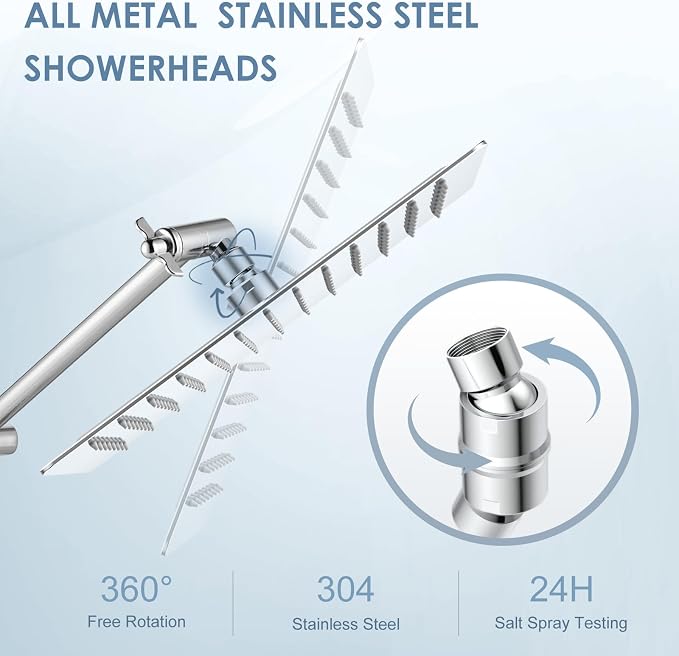 12x8 Inch Rectangle Rain Shower Head Chrome, All Metal Stainless Steel 304, Full Body Rainfall Shower with 112 Silicone Nozzles, Ceiling Rain Showerheads