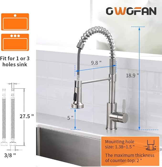 OWOFAN Kitchen Faucet Low Lead Commercial Solid Brass Single Handle Single Lever Pull Out Pull Down Sprayer Spring Kitchen Sink Faucet, Brushed Nickel Kitchen Faucets 866053SN