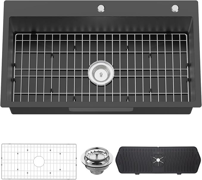 Black 33x19In Drop In Kitchen Sink, Stainless Steel, Single Bowl | Modern Topmount Kitchen Sink Combo, Include SS Grid,Silicon Mat,Drain Strainer Set, Compatibility With Various Kitchen