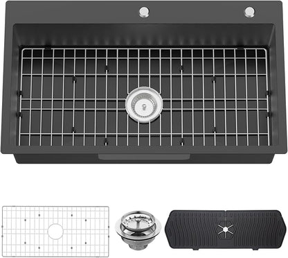Black 33x19In Drop In Kitchen Sink, Stainless Steel, Single Bowl | Modern Topmount Kitchen Sink Combo, Include SS Grid,Silicon Mat,Drain Strainer Set, Compatibility With Various Kitchen