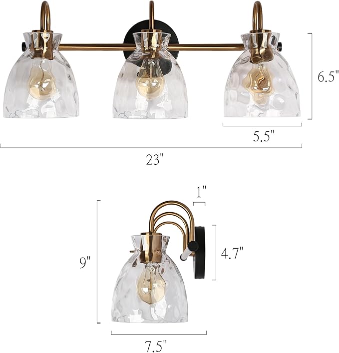KSANA Modern Bathroom Light Fixtures, Vintage 3 Light Vanity Lights Over Mirror Black and Electroplated Brass Bathroom Vanity Light with Water Ripple Glass, 23" W