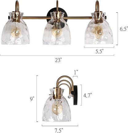 KSANA Modern Bathroom Light Fixtures, Vintage 3 Light Vanity Lights Over Mirror Black and Electroplated Brass Bathroom Vanity Light with Water Ripple Glass, 23" W