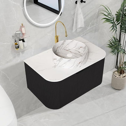 LKTART 30 Inch Floating Bathroom Vanity with Sink, Modern Wall Mounted Bathroom Storage Cabinet with Drawer, Stone Pattern Round White Ceramic Sink Top and Marble Texture Top, Black