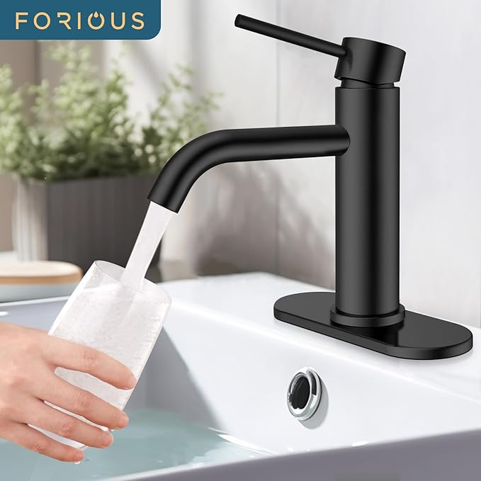 FORIOUS Matte Black Bathroom Faucets 1 Hole, Lead-Free, Bathroom Sink Faucet with Pop up Drain and Supply Hose for Sink, Vanity, RV, Lavatory, Suitable for 1 or 3 Holes