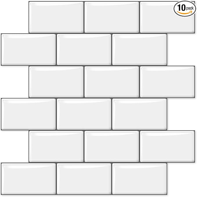 10 Sheets Thicker Design Peel and Stick Backsplash, 12"x12" Peel and Stick Wall Tiles, Subway Look Marble Tiles Backsplash for Kitchen and Bathroom, White