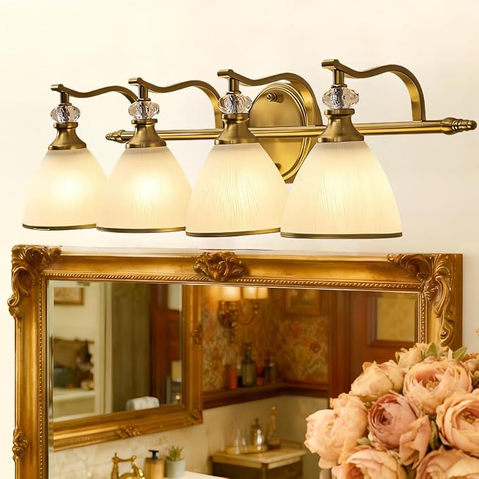 Brushed Gold Vanity Light, 4-Light Bathroom Light Fixtures, Vintage Wall Lamp with Bell Shaped Frosted Lampshade, 27.8 Inch Bathroom Lighting Fixtures Over Mirror, (Bulbs Not Included)