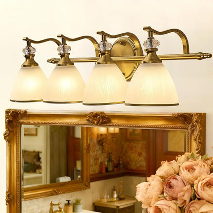 Brushed Gold Vanity Light, 4-Light Bathroom Light Fixtures, Vintage Wall Lamp with Bell Shaped Frosted Lampshade, 27.8 Inch Bathroom Lighting Fixtures Over Mirror, (Bulbs Not Included)