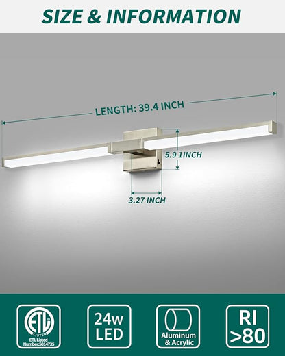 OKELI Modern Bathroom Light Fixtures Over Mirror, 40 Inch Brushed Nickel Vanity Light Bar for Bathroom, 24W 5CCT Diammable Wall Light