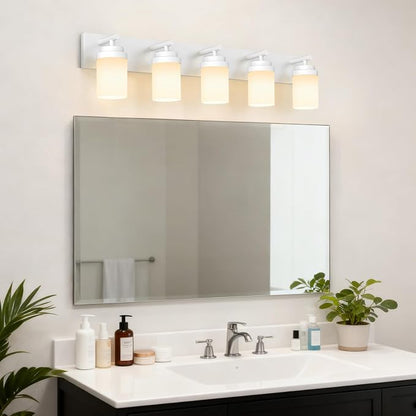 IZORRO Bathroom Vanity Light Fixture, 5-Light 36 Inch White Bathroom Light Fixtures Over Mirror, with White Glass Shade, Modern Farmhouse Vanity Lights, Rustic Restroom Lighting Fixtures