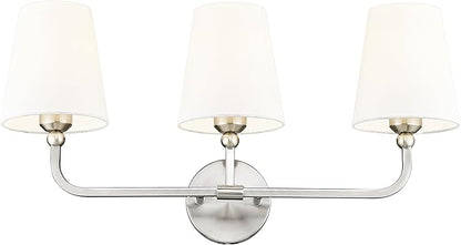 Bathroom Light Fixtures, Brushed Nickel Vanity Lights with Flared White Fabric Shade, 3 Light Wall Sconce, Modern Sconces Wall Lighting for Hallway Bedroom, VL837-BN-3
