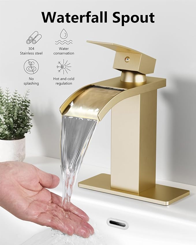 Waterfall Bathroom Faucet 1 Hole, Single Hole Bathroom Faucet, Single Handle Vanity Sink Faucet with Deck Plate, Pop-up Drain & Supply Lines, Brushed Gold