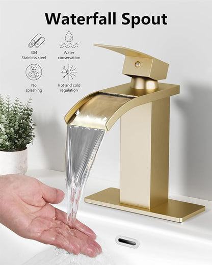 Waterfall Bathroom Faucet 1 Hole, Single Hole Bathroom Faucet, Single Handle Vanity Sink Faucet with Deck Plate, Pop-up Drain & Supply Lines, Brushed Gold