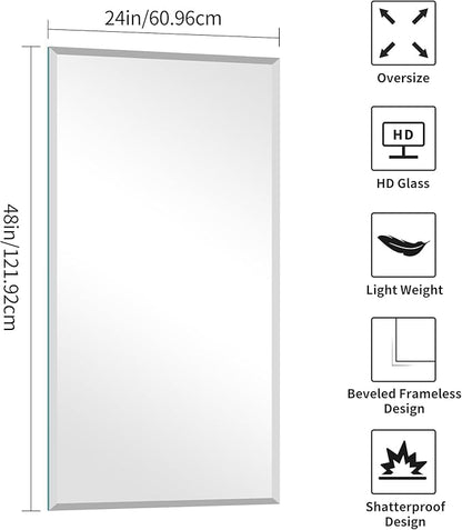 KOCUUY Beveled Mirror, 24x48 Inch Frameless Bathroom Mirror for Over Sink, Upgraded Shatterproof Beveled Unframed Design Mirror for Bathroom, Bedroom, Hang Horizontal/Vertical