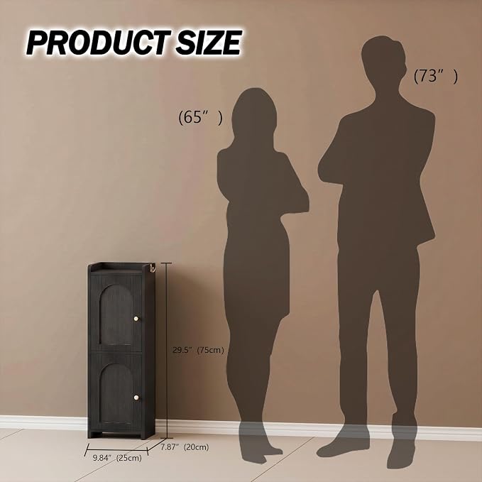Arbuxzuy Small Bathroom Storage Cabinet with 2 Doors and Adjustable Shelf | Black Corner Floor Cabinet, Narrow Toilet Paper Cabinets with 2Hooks,Toilet Organizer for Small Spaces, 7.87"D*9.84"W*29.72"H
