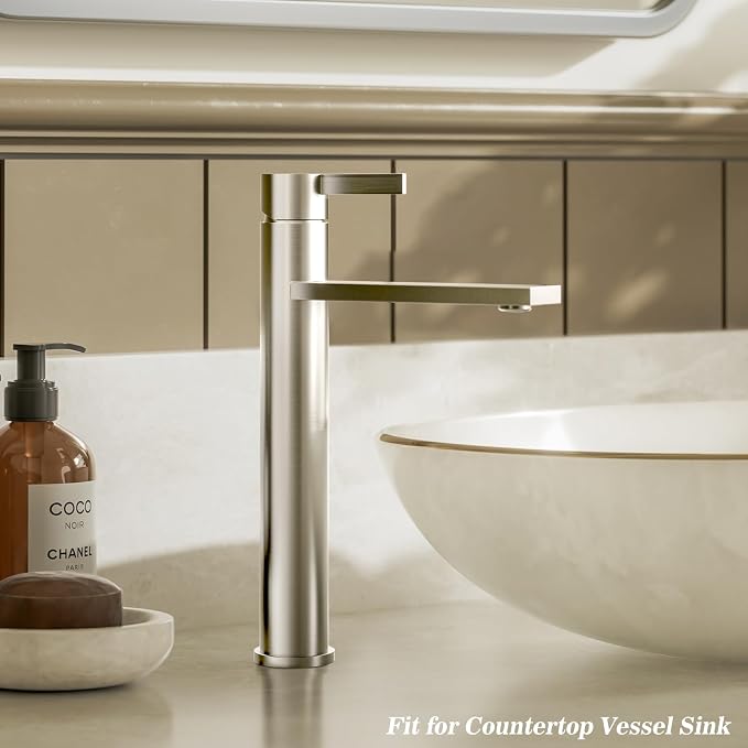 Brushed Nickel Tall Bathroom Vessel Sink Faucet, Single Hole Single Handle Modern Bathroom Faucet, with Pop Up Drain and Water Supply Line, FH02-BN-V