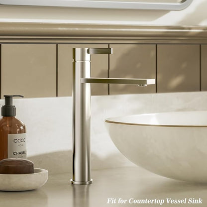 Brushed Nickel Tall Bathroom Vessel Sink Faucet, Single Hole Single Handle Modern Bathroom Faucet, with Pop Up Drain and Water Supply Line, FH02-BN-V