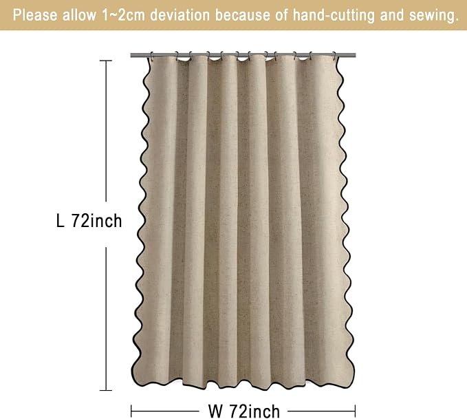 Scalloped Shower Curtain Linen Boho Flax Khaki 72" W x 72" L | Linen Fabric, Black Border, Washable, Heavy Duty Cloth, Shower Curtain for Boho Farmhouse Bathroom Bathtub