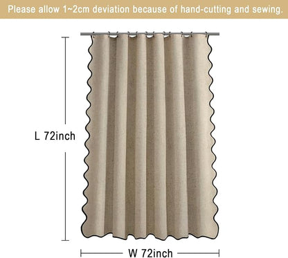 Scalloped Shower Curtain Linen Boho Flax Khaki 72" W x 72" L | Linen Fabric, Black Border, Washable, Heavy Duty Cloth, Shower Curtain for Boho Farmhouse Bathroom Bathtub