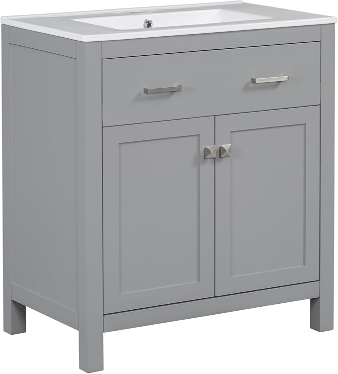 Favfurish 30" Bathroom Vanity with Ceramic Sink,Undermount Single Basin Vanity Set w/1 Flip-Out Drawer and 2 Soft-Close Doors & Adjustable Shelf,Freestanding Storage Cabinet,Solid Wood Frame,Gray