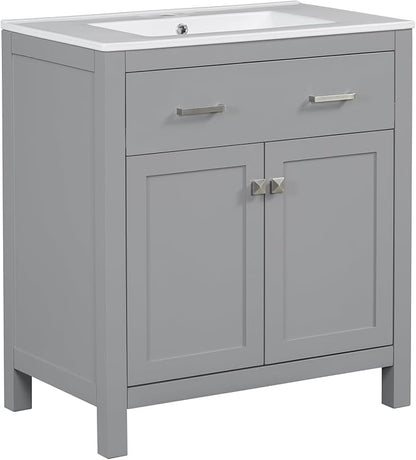 Favfurish 30" Bathroom Vanity with Ceramic Sink,Undermount Single Basin Vanity Set w/1 Flip-Out Drawer and 2 Soft-Close Doors & Adjustable Shelf,Freestanding Storage Cabinet,Solid Wood Frame,Gray