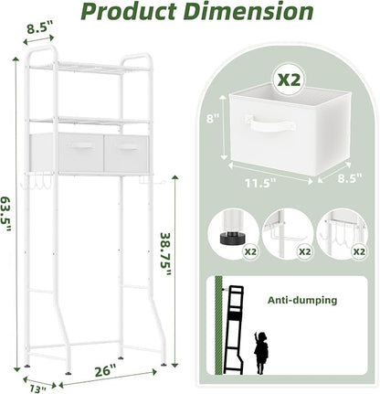 Simple Trending Over The Toilet Storage Rack with Drawers, Metal 3 Tier Bathroom Organizer Shelf with Paper Holder and 3 Hooks, White