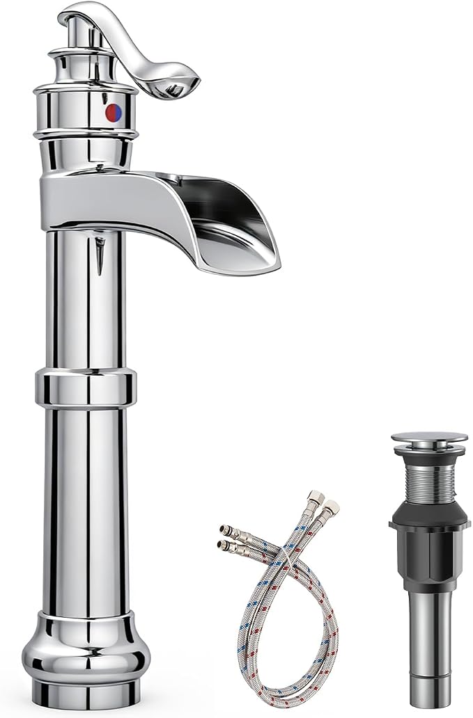 BWE Vessel Sink Faucet Waterfall Tall Chrome Bathroom Faucet | Single Handle 1 Hole Brass Countertop Lavatory Vanity Mixer Tap with Pop Up Drain and Supply Lines for RV Bar No Overflow
