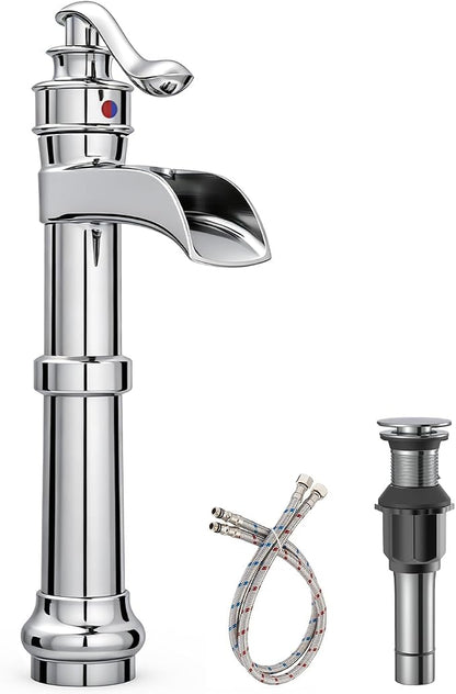 BWE Vessel Sink Faucet Waterfall Tall Chrome Bathroom Faucet | Single Handle 1 Hole Brass Countertop Lavatory Vanity Mixer Tap with Pop Up Drain and Supply Lines for RV Bar No Overflow