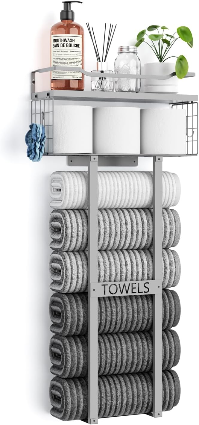 Aetyord Towel Racks for Bathroom - Wall Mounted Metal Rack with Wood Plank, Bathroom Storage Organizer, Towel Holder Stores 6 Large Rolled Towels Easily, All Grey