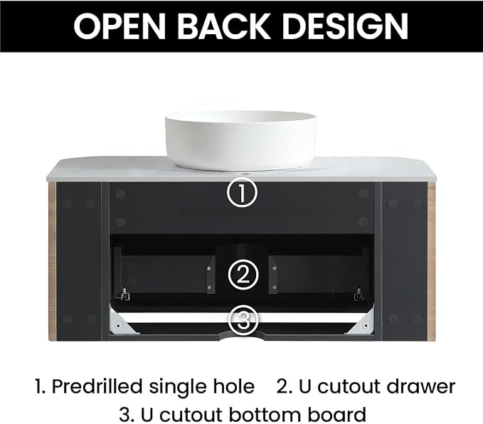 36" Preassembled Floating Bathroom Vanity with Round Sink, Oak | Mid-Century Modern Style, Fluted & Soft-Close Drawer with U-shaped Wall, Sinterted Stone Countertop, Towel Rack Included
