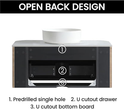 36" Preassembled Floating Bathroom Vanity with Round Sink, Oak | Mid-Century Modern Style, Fluted & Soft-Close Drawer with U-shaped Wall, Sinterted Stone Countertop, Towel Rack Included