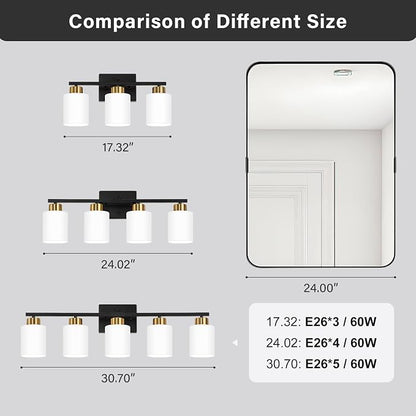 FonmYim Black and Gold Bathroom Light Fixtures Vanity Lights Over Mirror | Modern 4-Light lighting fixtures for bathroom with Milky White Frosted Glass Shades, E26 Socket (Bulbs Not Included)
