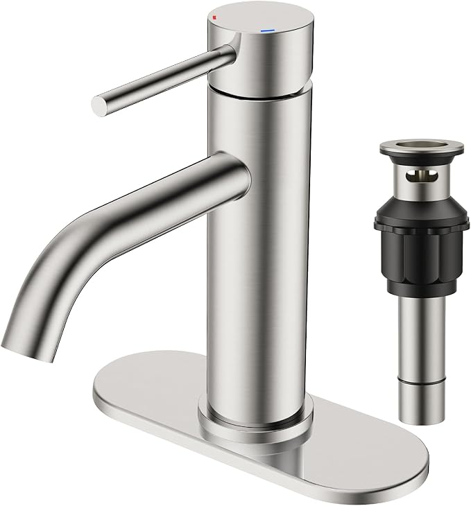 FORIOUS Single Hole Bathroom Faucets 1 Handle, Brushed Nickel 3 Hole Bathroom Sink Faucet with Metal Pop up Drain and Supply Hose, Suitable for Vanity Lavatory Restroom Remodel