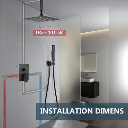 Aolemi Ceiling Shower Faucet Set with Handheld 10" LED Head Matte Black | Handheld Spray,10 Inch Rain LED Head,Shower Valve and Trim Kit,All Metal,Ceiling System,Bathroom Mixer