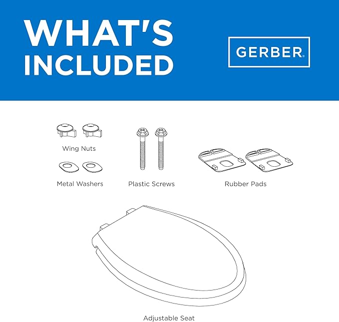 Gerber Elongated Toilet Seat with Cover, Standard Close, Quick & Easy Install, Heavy-Duty Plastic, Adjustable Fit for Standard Elongated Toilets, Durable & Fade-Resistant, White G0099216