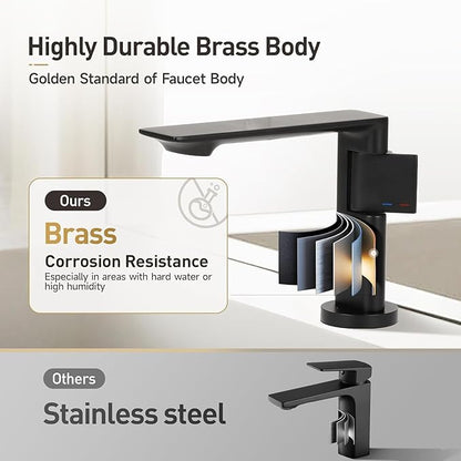 Modern Single Hole Bathroom Faucet | 5.3" Matte Black Luxury Vessel Sink Faucet with Solid Brass Body, Spot-Free Finish & Anti-Splash Design | Premium Ceramic Valve, 2 Pack | 1 or 3 Hole