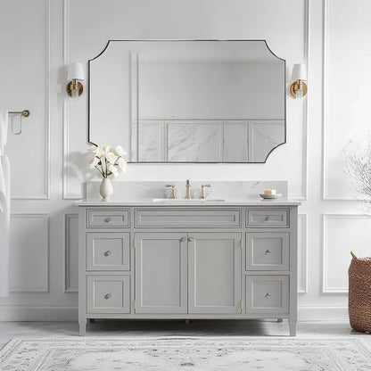 Brushed Nickel Mirror 30x48 Inch, Large Scalloped Bathroom Mirror, Anti-Rust Stainless Steel Metal Thin Frame Deep 1’’, Unique Rectangle Mirror Hangs Vertically or Horizontally